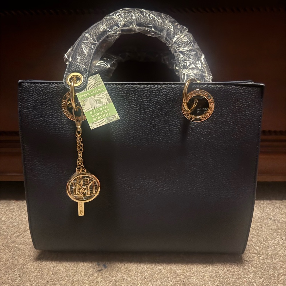 Badgley Mischka Navy Blue Tote/Handbag with Big Logo Eyelet-NEW